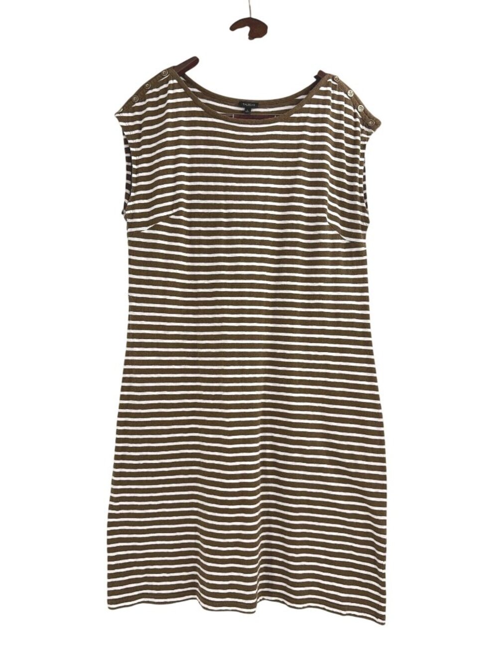 Talbots Womens Large Green White Striped Cotton Dress Button Shoulder Preppy